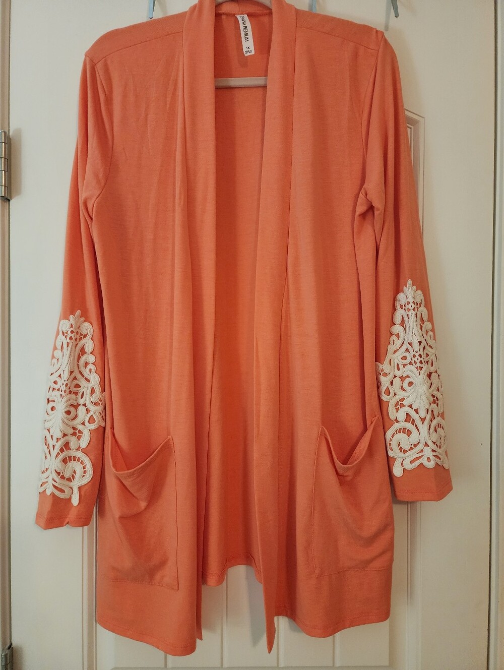 Zenana Premium Coral Peach Open Front Cardigan White Lace Sleeve Detail 1X